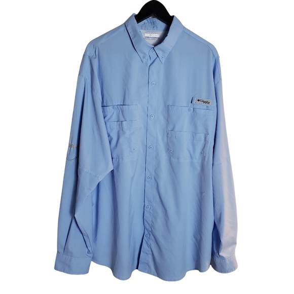Columbia PFG Omni-Shade Blue Fishing Shirt Sz XL Vented Roll-Tab Sleeves *LOGO* - Picture 1 of 14